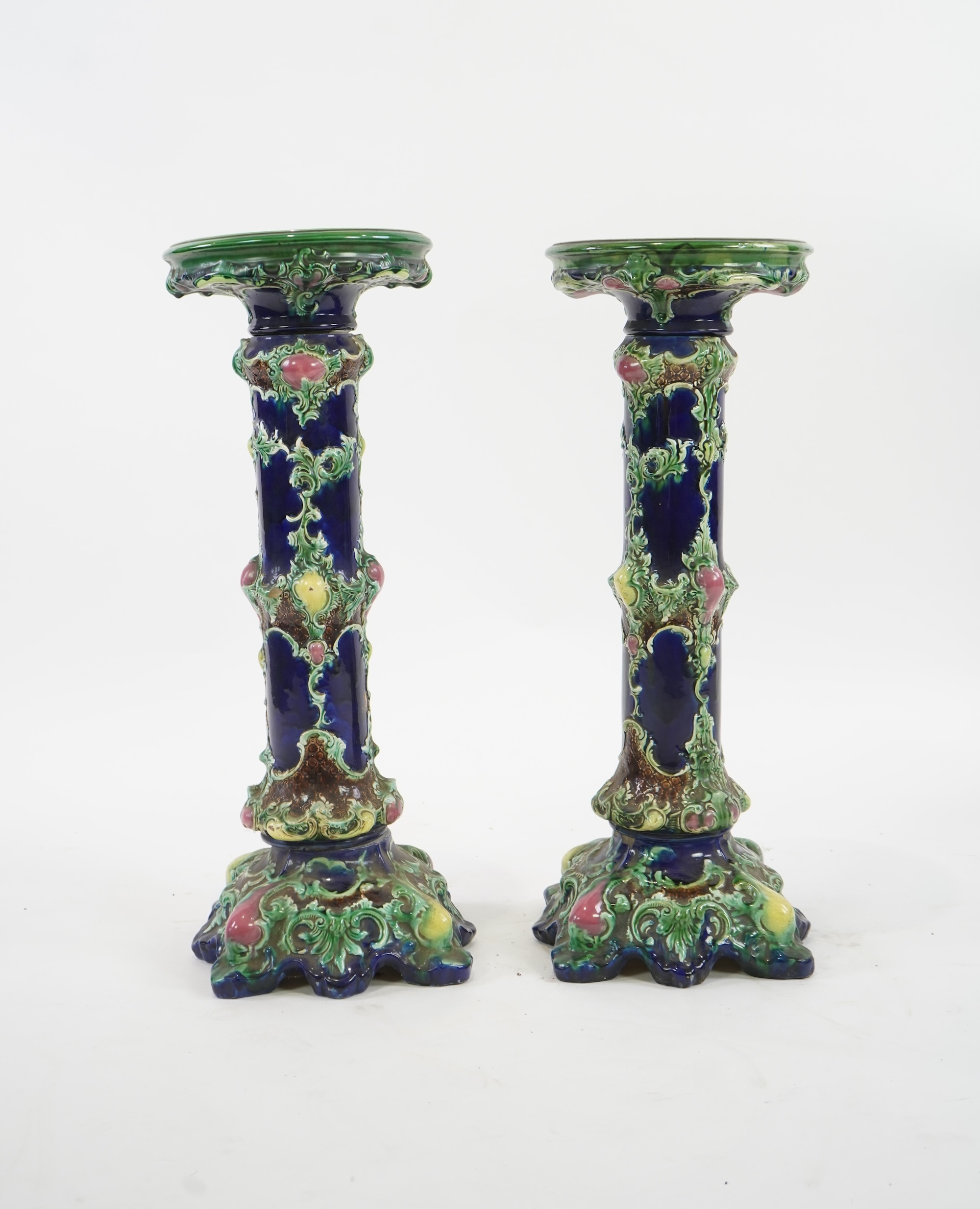 A pair of Continental majolica pedestals, late 19th century